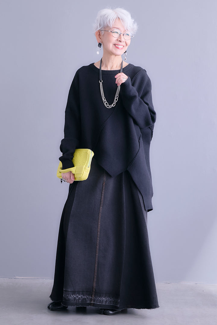 【SET】アシンメトリーデザインニットトップス+プリーツタックデニムスカート(2set)