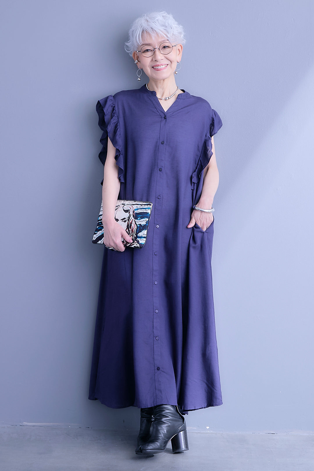 【予約】綿麻レーヨンフリルスリーブスキッパーシャツワンピース