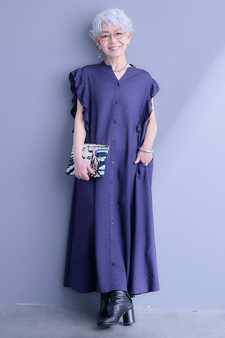 【予約】綿麻レーヨンフリルスリーブスキッパーシャツワンピース