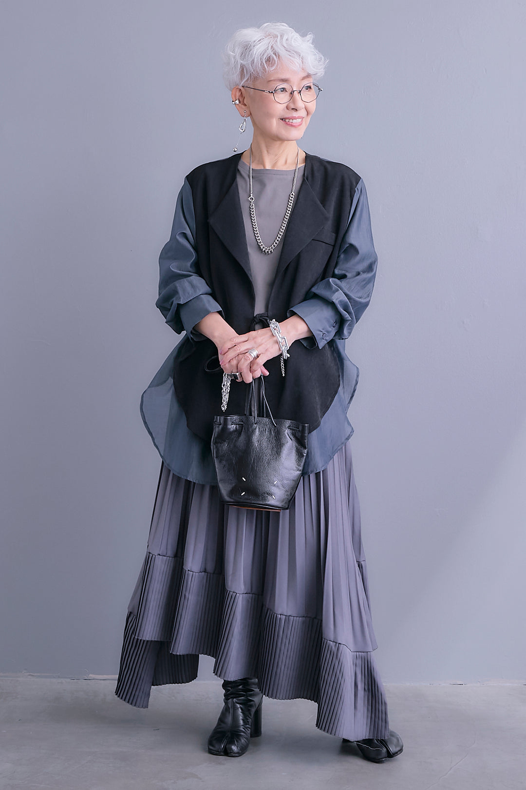 【SET】シアーシャツドッキングジャケット+アシンメトリーロンT+アシンメトリープリーツスカート(3set)