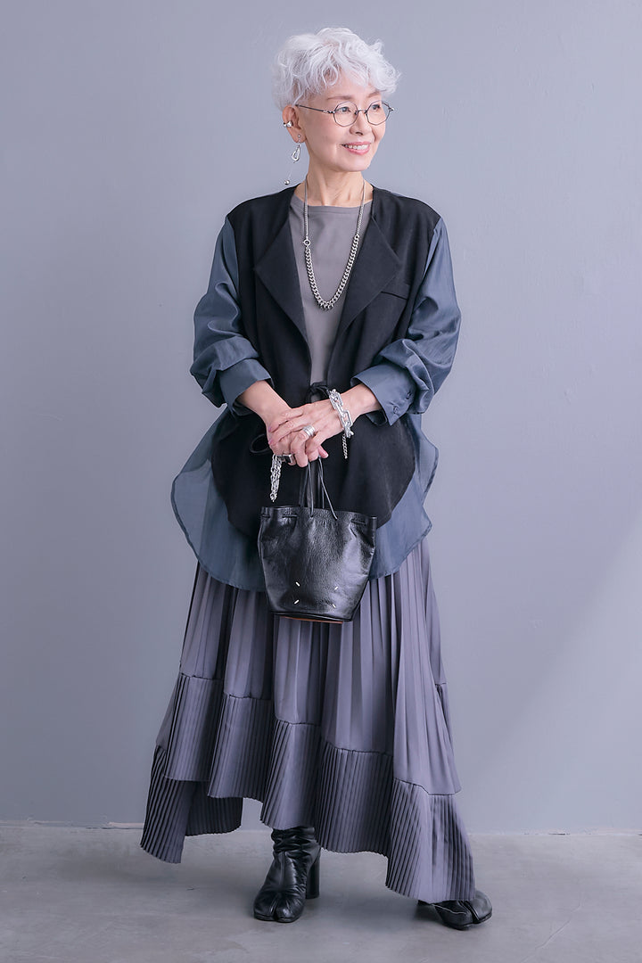 【SET】シアーシャツドッキングジャケット+アシンメトリーロンT+アシンメトリープリーツスカート(3set)