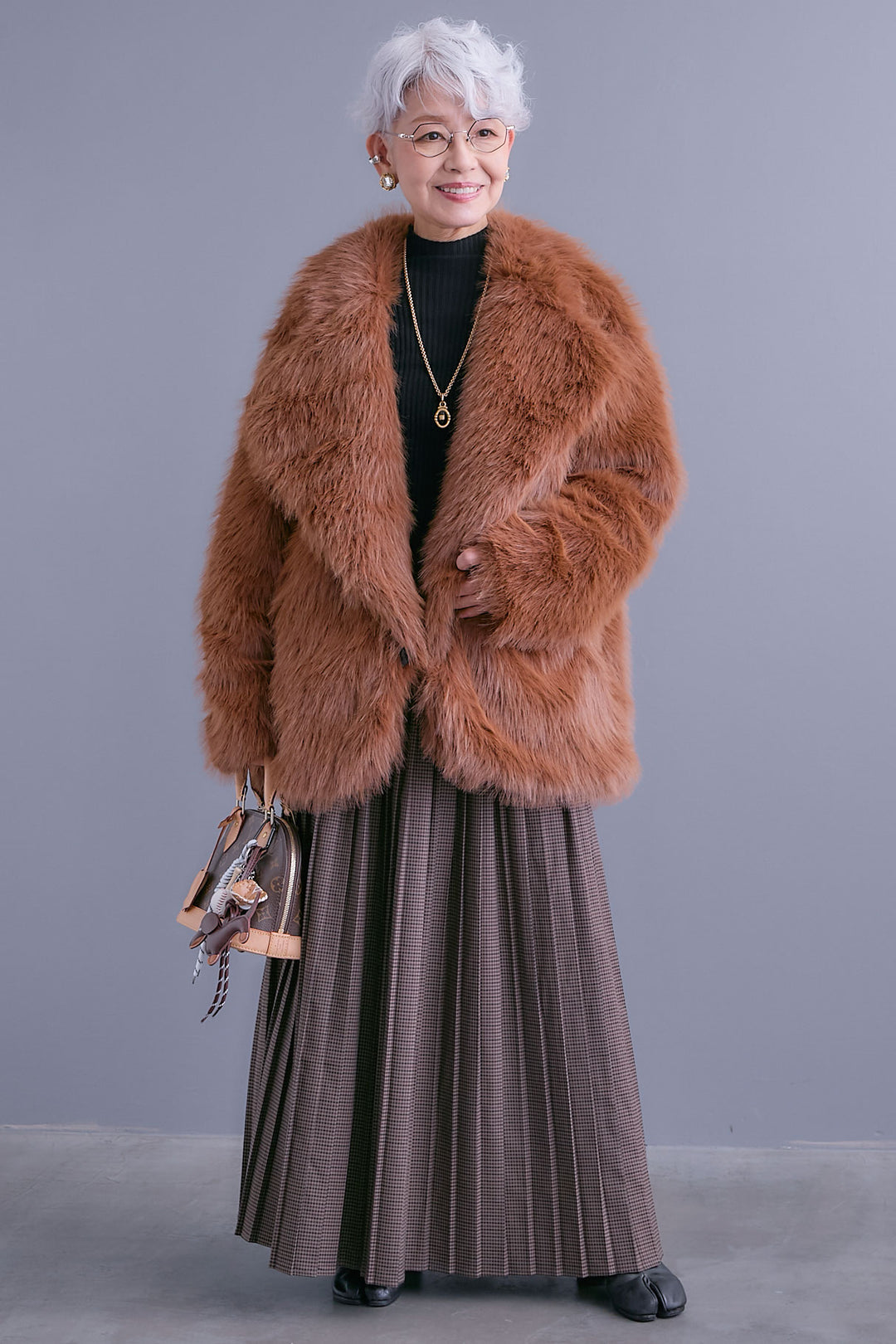 【SET】テーラードカラーファーコート+グレンチェックプリーツスカート(2set)