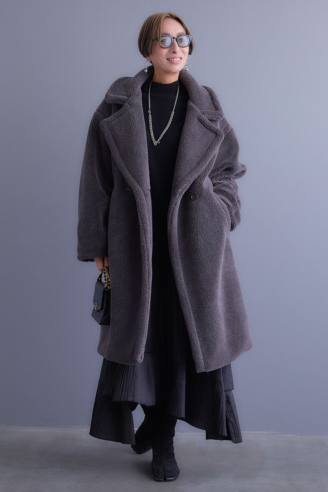 【SET】アシンメトリーオーバーニット+テディボアロングコート+アシンメトリープリーツスカート(3set)