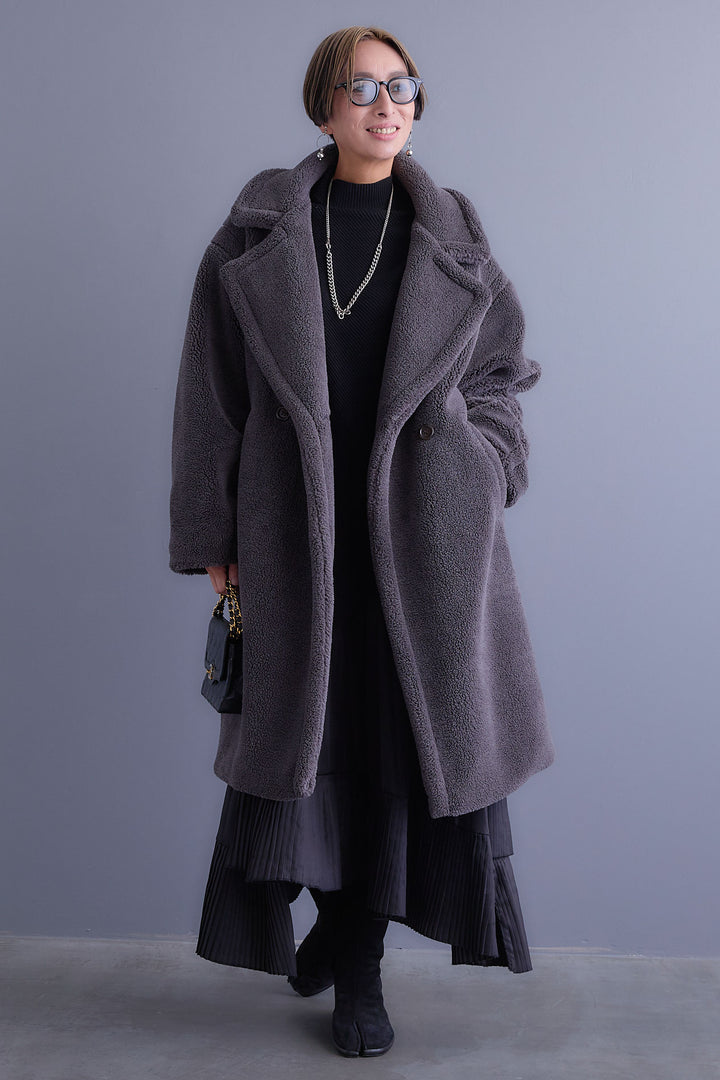 【SET】アシンメトリーオーバーニット+テディボアロングコート+アシンメトリープリーツスカート(3set)