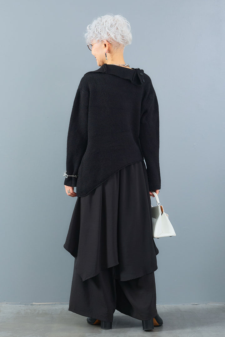 【SET】アシメハイネックボタンニット+アシメレイヤードワイドパンツ(2set)