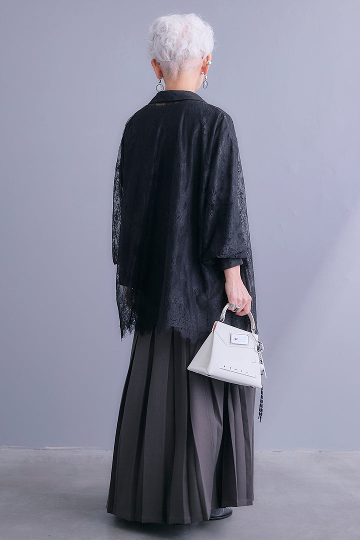 【SET】アイラッシュレースボリュームスリーブシャツ+アシンメトリーロンT+ボックスプリーツロングスカート(3set)