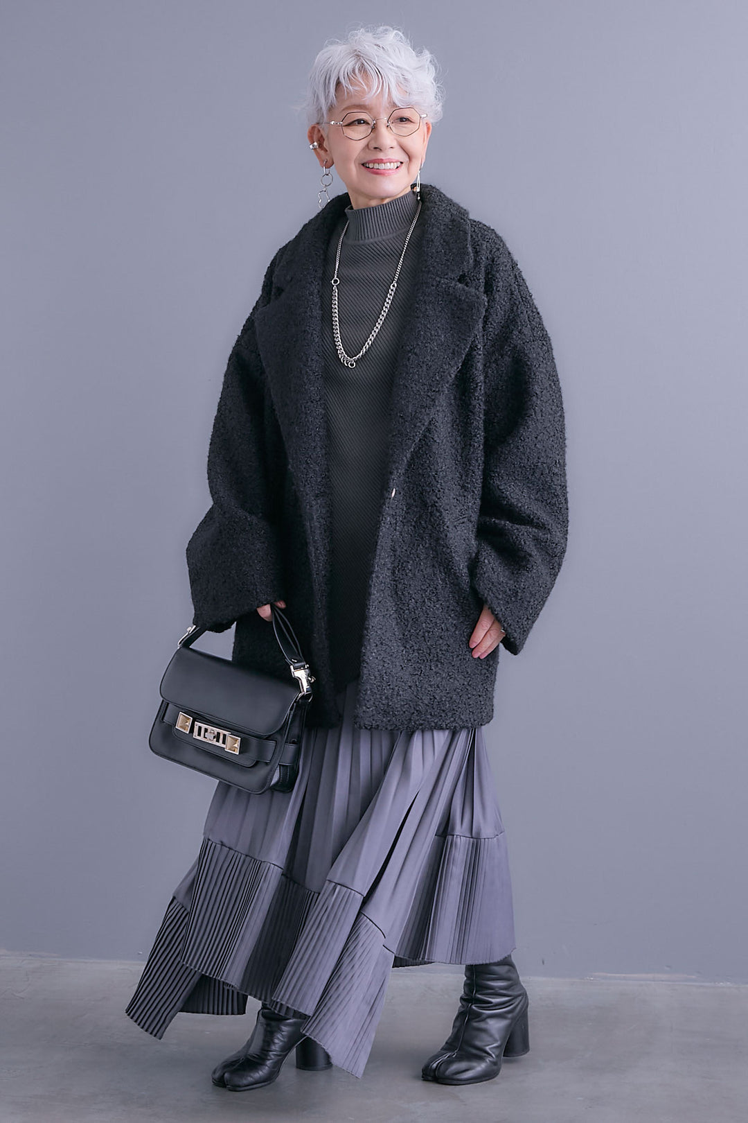 【SET】アシンメトリーオーバーニット+ブークレーテーラードコート+アシンメトリープリーツスカート(3set)