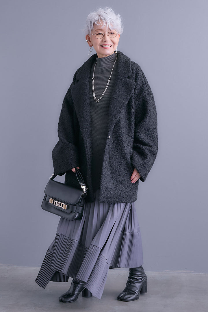 【SET】アシンメトリーオーバーニット+ブークレーテーラードコート+アシンメトリープリーツスカート(3set)