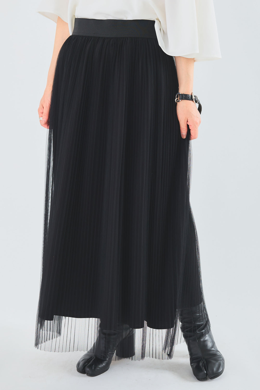【SET】ジョーゼットシフォンケープアシンメトリーブラウス+シアーチュールプリーツスカート(2set)