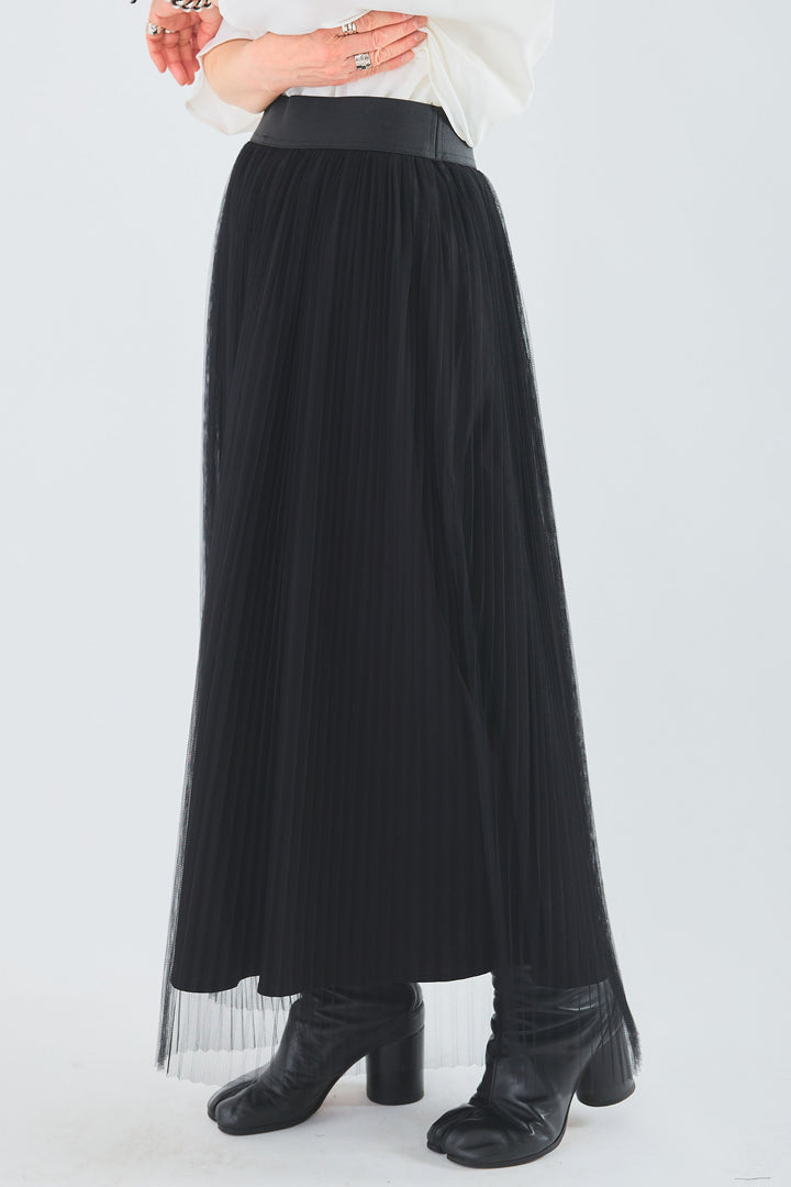 【SET】ジョーゼットシフォンケープアシンメトリーブラウス+シアーチュールプリーツスカート(2set)