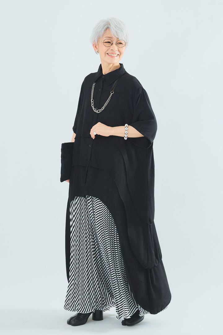 【SET】ティアードバックロングシャツ+サマーストライプロングスカート(2set)