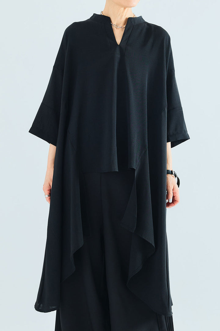 【SET】スキッパーアシンメトリーロングシャツ+サイドプリーツワイドパンツ(2set)