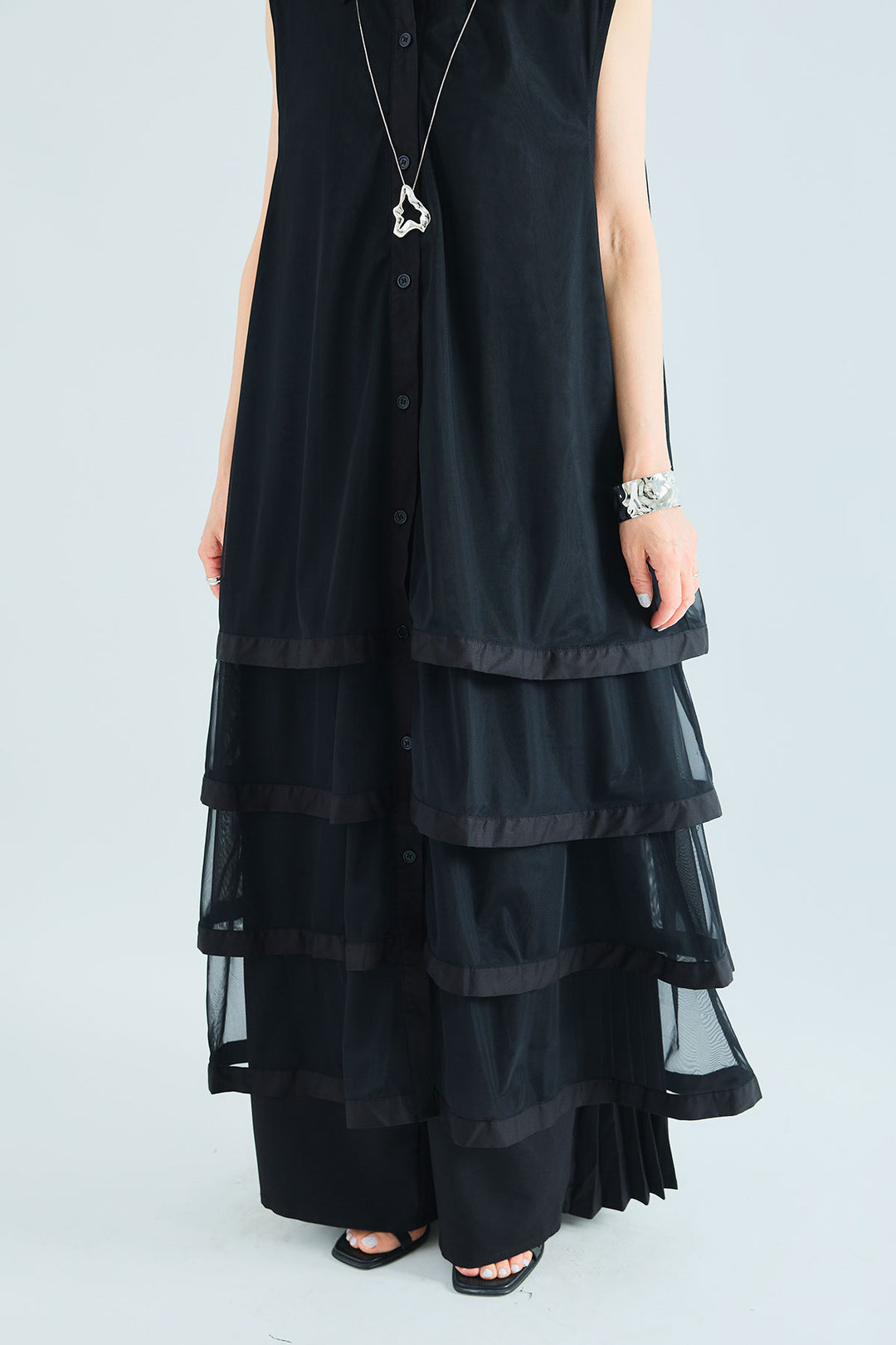 【SET】チュールティアードノースリロングシャツ+サイドプリーツワイドパンツ(2set)