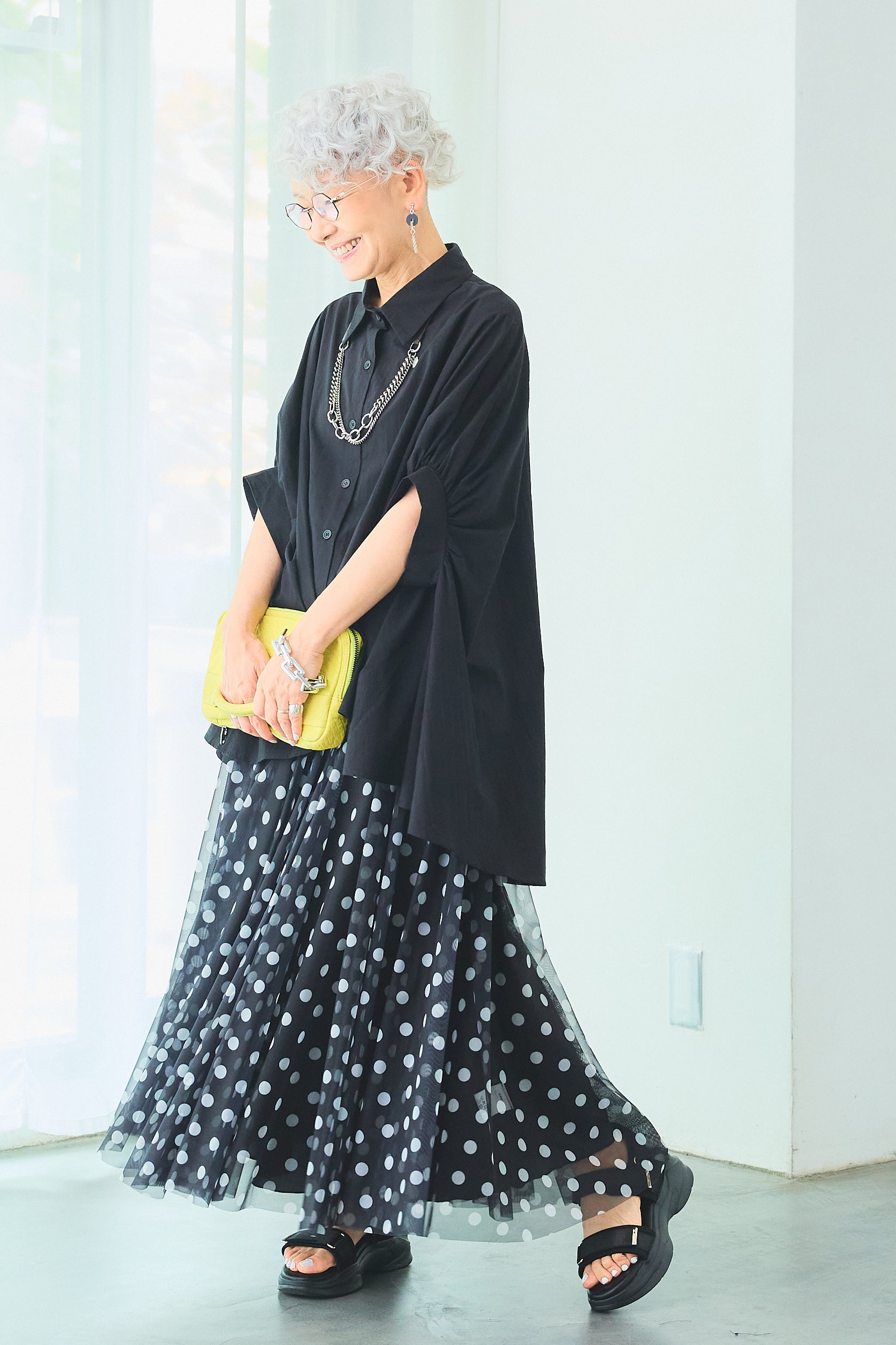 SET】ドロップスリーブバックロングオーバーシャツ+ドット