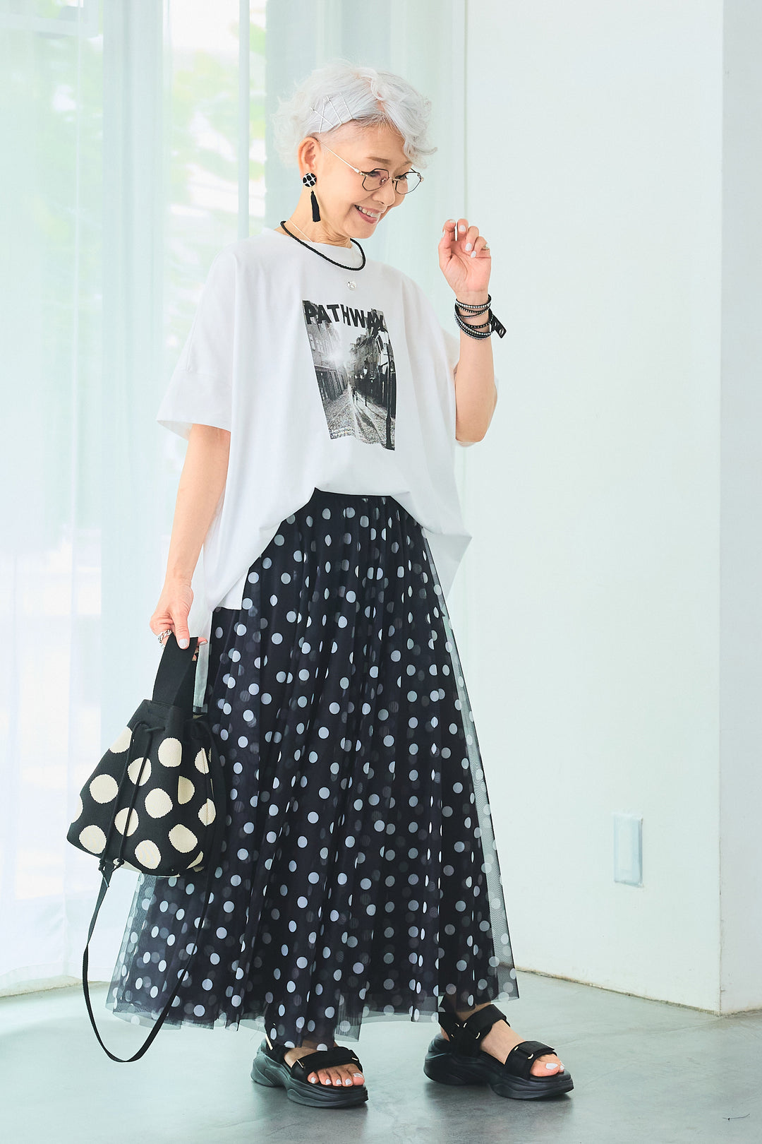 【SET】PATHWAYPhotoオーバースリットT+ドットチュールフレアスカート(2set)