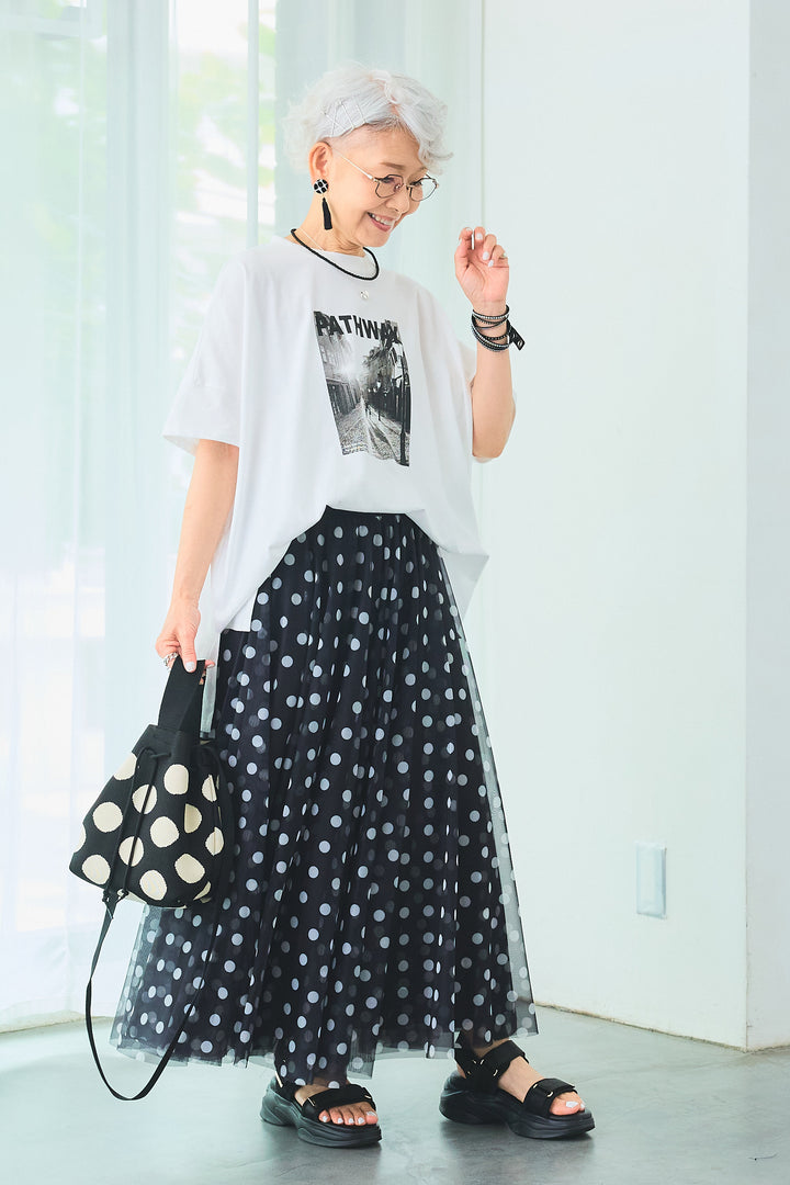 【SET】PATHWAYPhotoオーバースリットT+ドットチュールフレアスカート(2set)