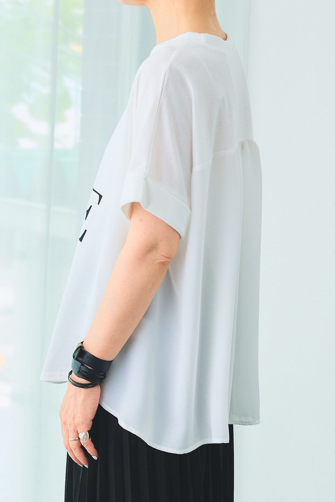 【SET】ÉPANOUEバックシフォンフレアロゴT+アシンメトリーラッフルプリーツスカート(2set)