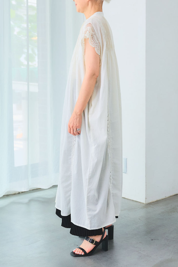 【SET】ショルダーレースピンタックシャツワンピース+アシンメトリーラッフルプリーツスカート(2set)