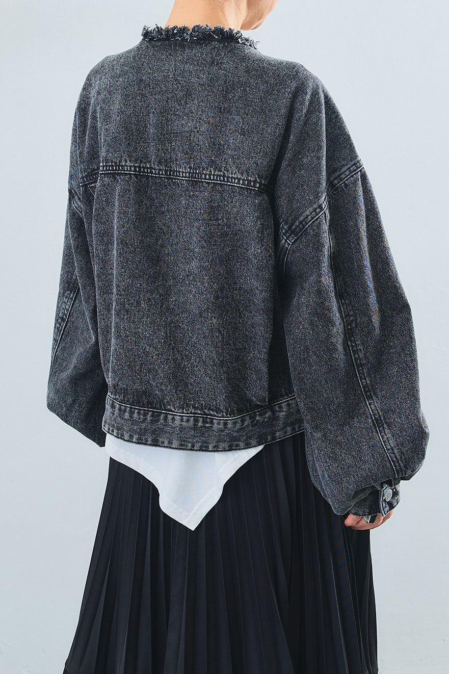 【SET】"JOURNÉE"フロッキーロゴフレンチスリーブT+ボリュームスリーブノーカラーデニムジャケット+アシンメトリープリーツスカート(3set)