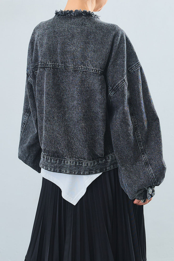 【SET】"JOURNÉE"フロッキーロゴフレンチスリーブT+ボリュームスリーブノーカラーデニムジャケット+アシンメトリープリーツスカート(3set)