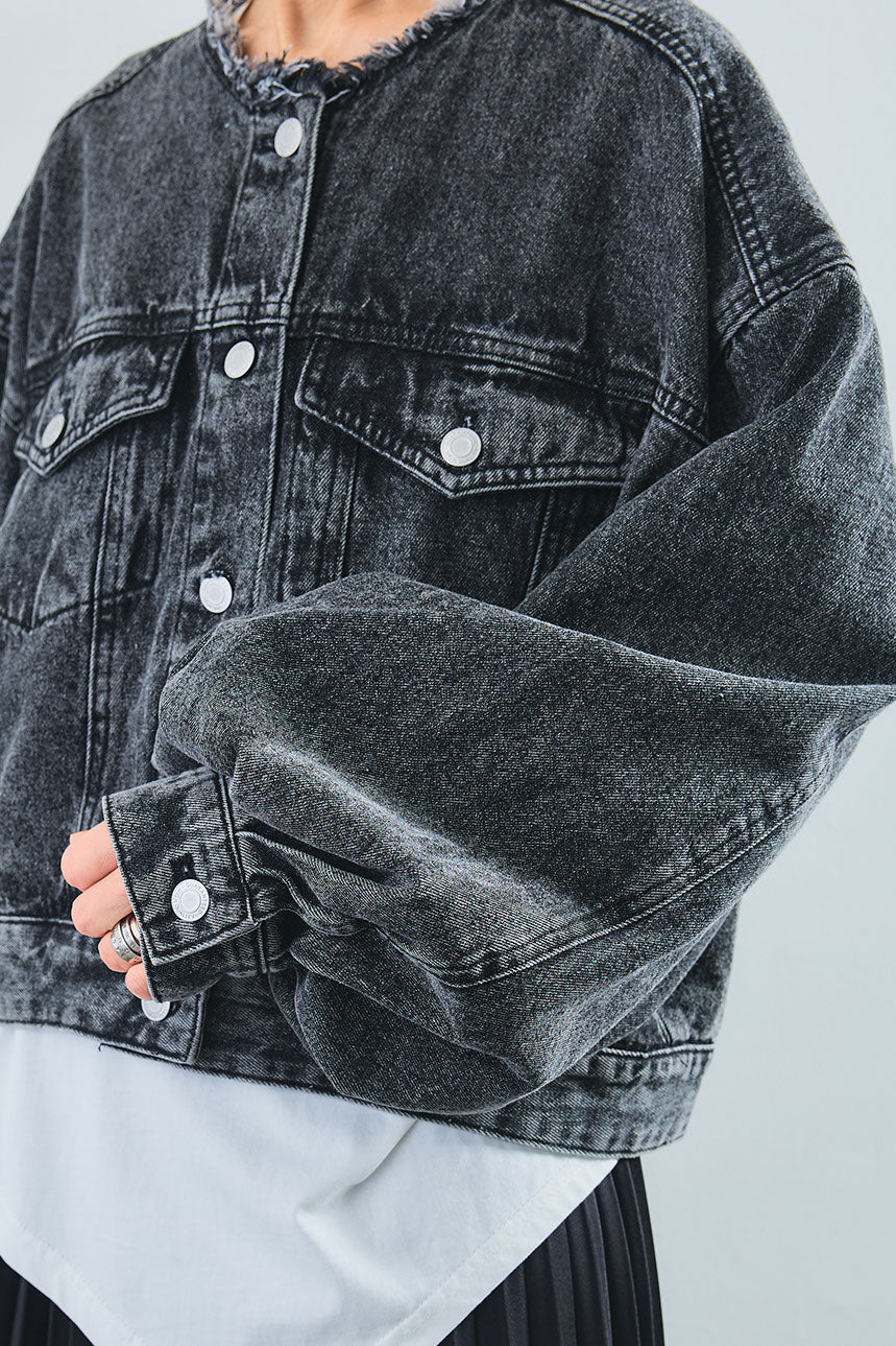 予約】ボリュームスリーブノーカラーデニムジャケット – AIJAN