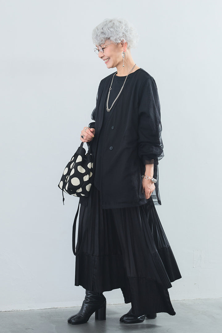 【SET】アシンメトリーロンT+チュールレイヤードノーカラージャケット+アシンメトリープリーツスカート(3set)