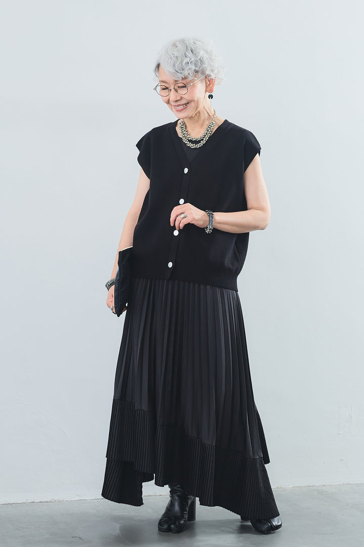 【SET】ベーシックリブタンク+Vネックコットンニットベスト+アシンメトリープリーツスカート(3set)