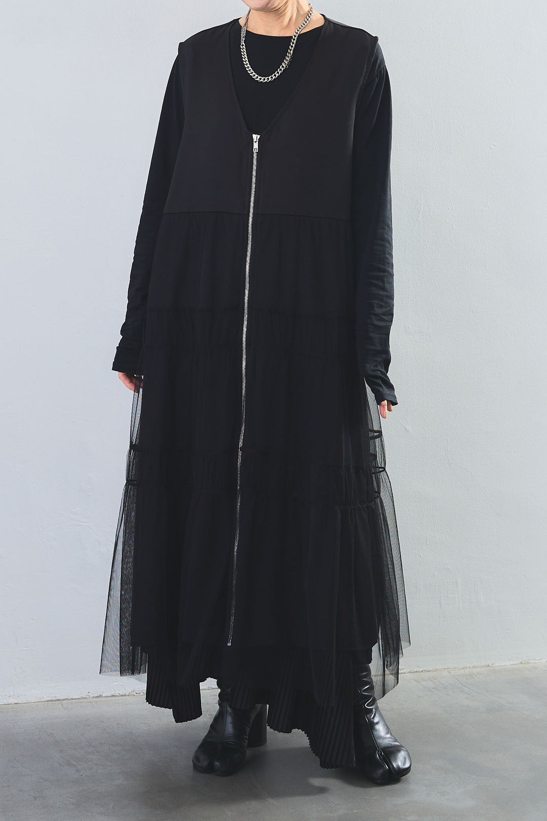 【SET】アシンメトリーロンT+ティアードチュールZIPデザインベストワンピース+アシンメトリープリーツスカート(3set)