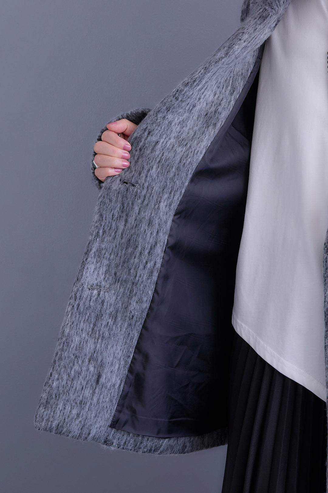 【SET】アシンメトリーオーバーニット+シャギーテーラードコート+アシンメトリープリーツスカート(3set)