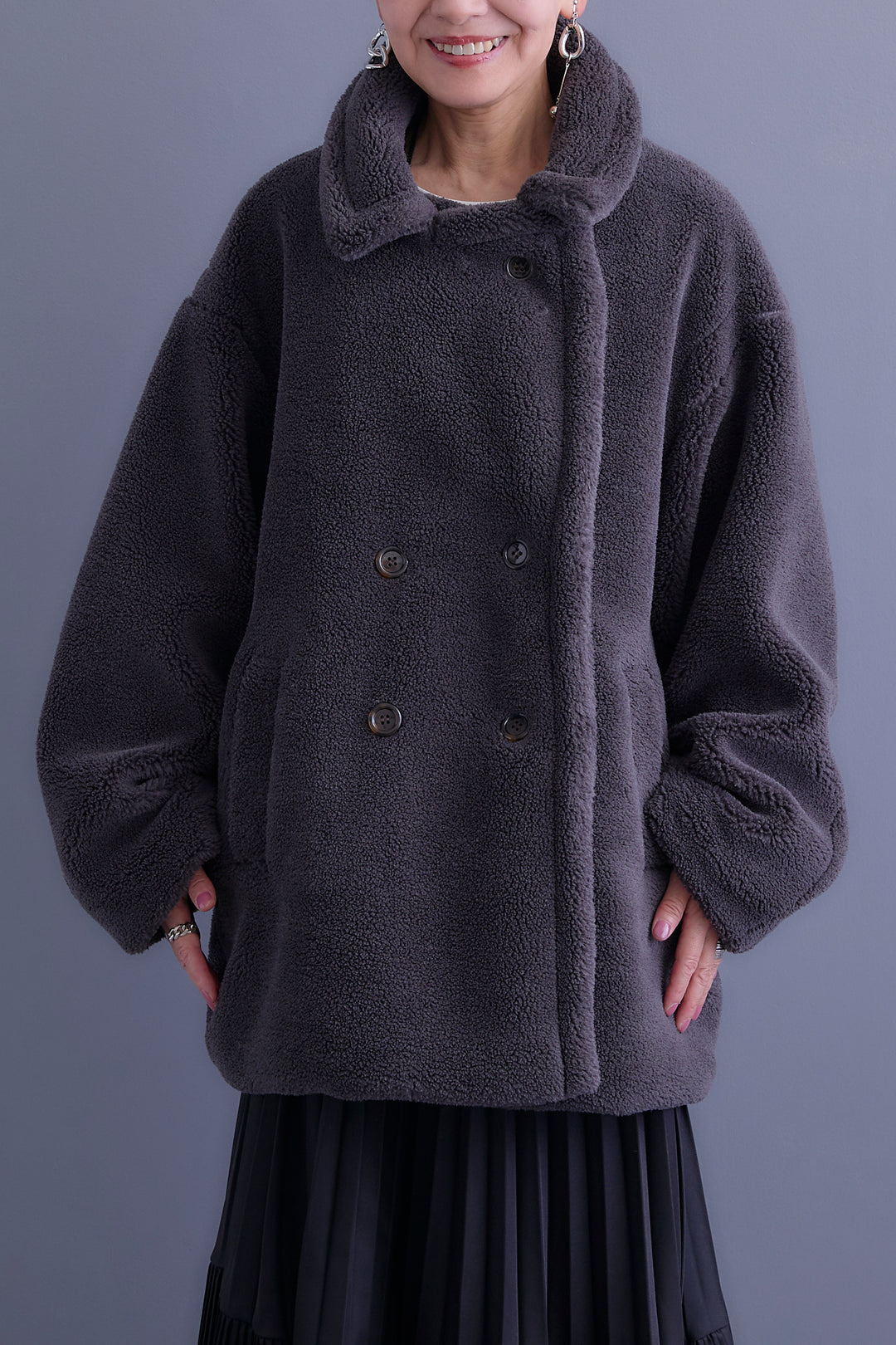 【SET】ヴィンテージアシンメトリーデニムシャツ+テディボアミディコート+デニムドッキングプリーツスカート(3set)