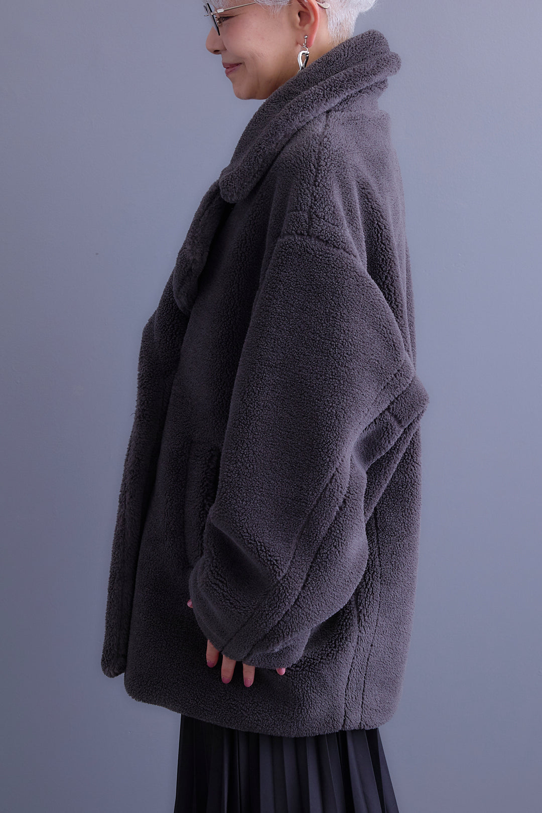 【SET】ヴィンテージアシンメトリーデニムシャツ+テディボアミディコート+デニムドッキングプリーツスカート(3set)