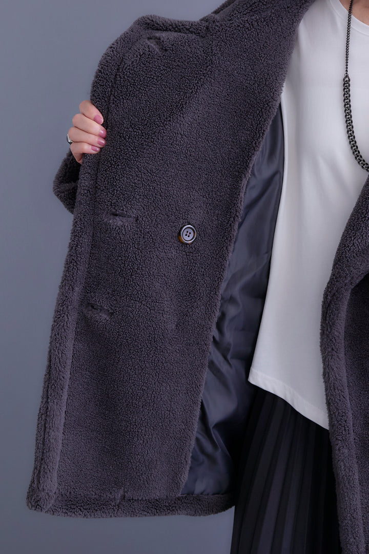 【SET】ヴィンテージアシンメトリーデニムシャツ+テディボアミディコート+デニムドッキングプリーツスカート(3set)