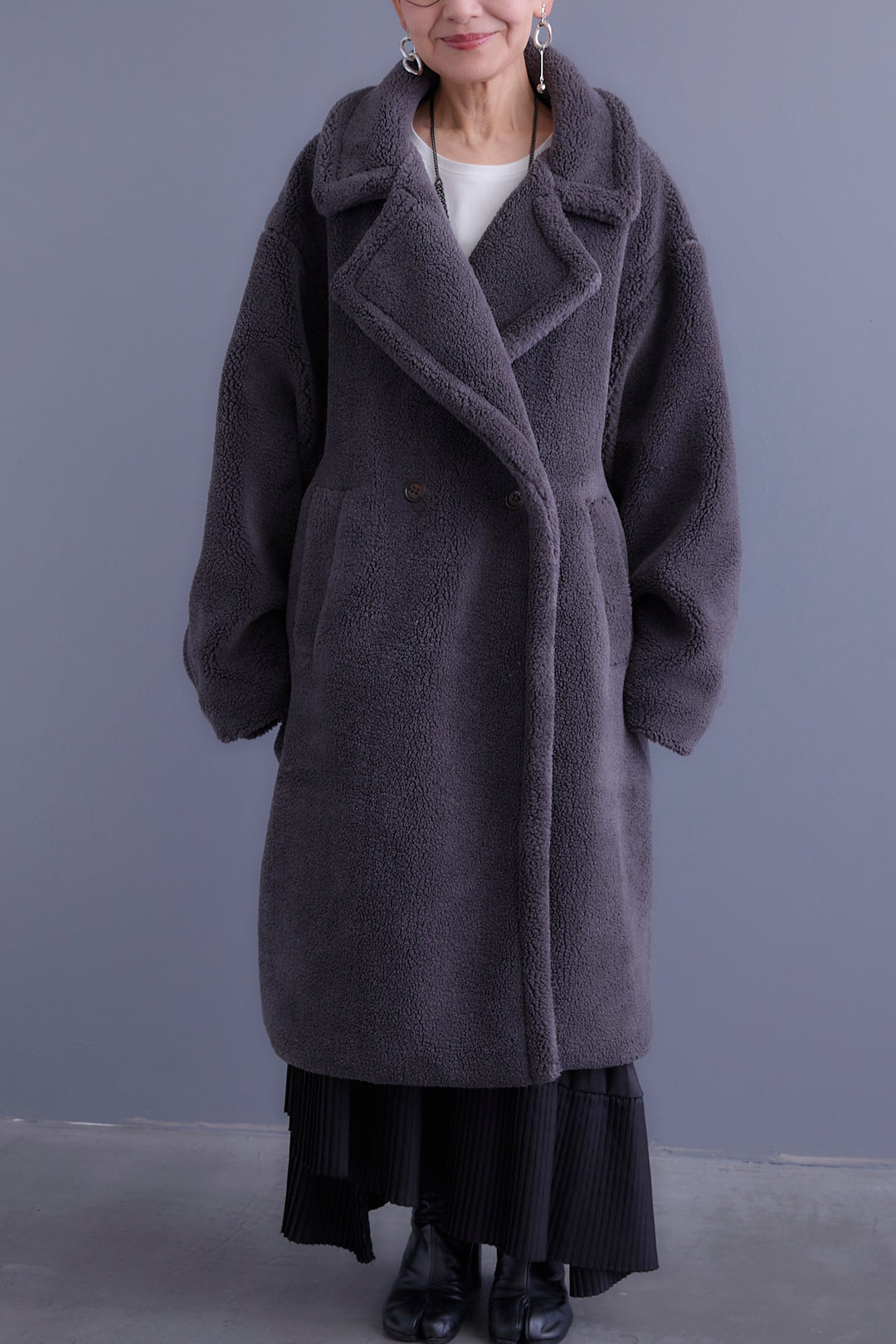 【SET】アシンメトリーロンT+テディボアロングコート+アシンメトリープリーツスカート(3set)