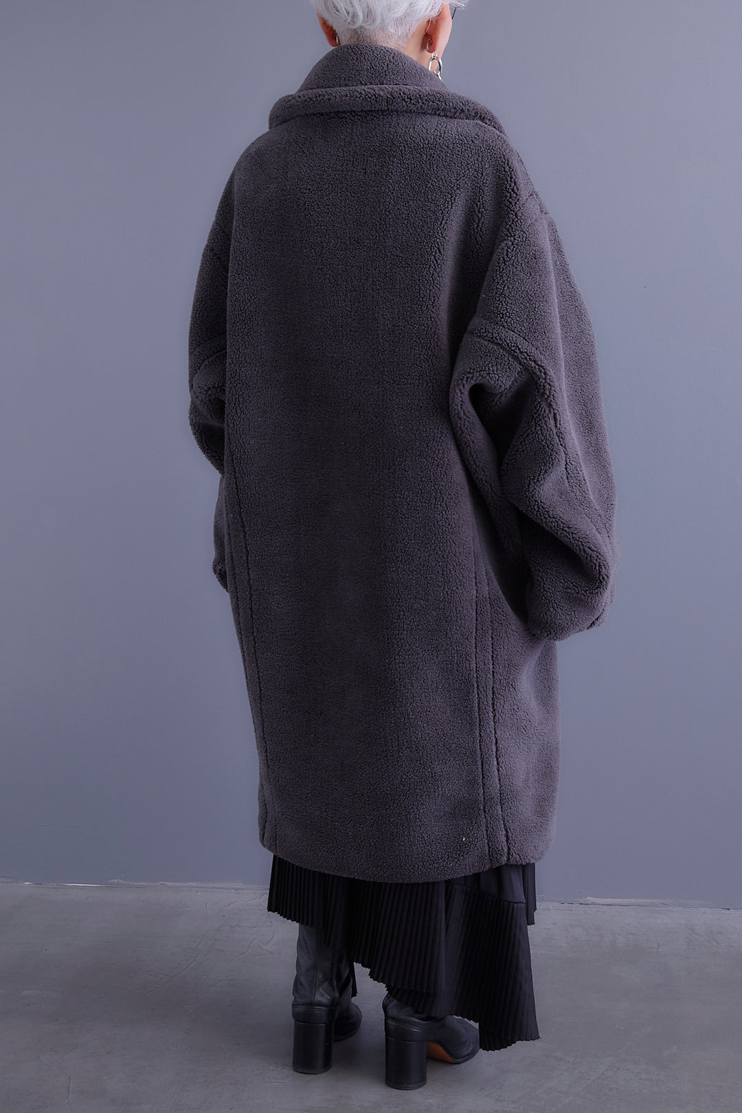 【SET】アシンメトリーオーバーニット+テディボアロングコート+アシンメトリープリーツスカート(3set)