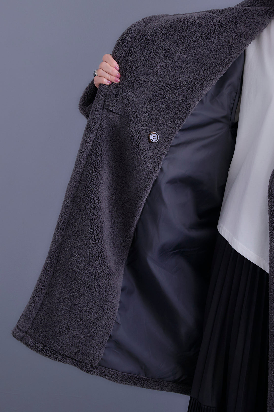 【SET】アシンメトリーロンT+テディボアロングコート+アシンメトリープリーツスカート(3set)