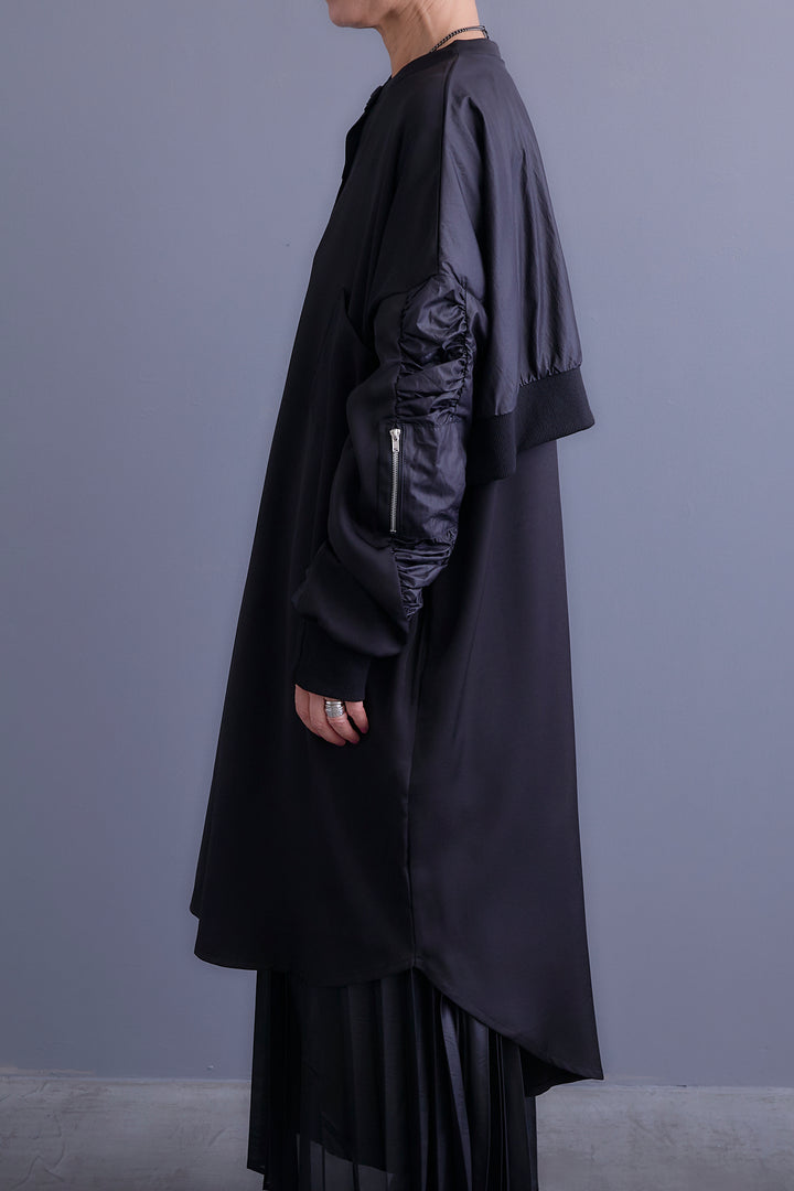【SET】アシンメトリーロンT+MA-1ドッキングデザインロングシャツ+レザーライクプリーツスカート(3set)