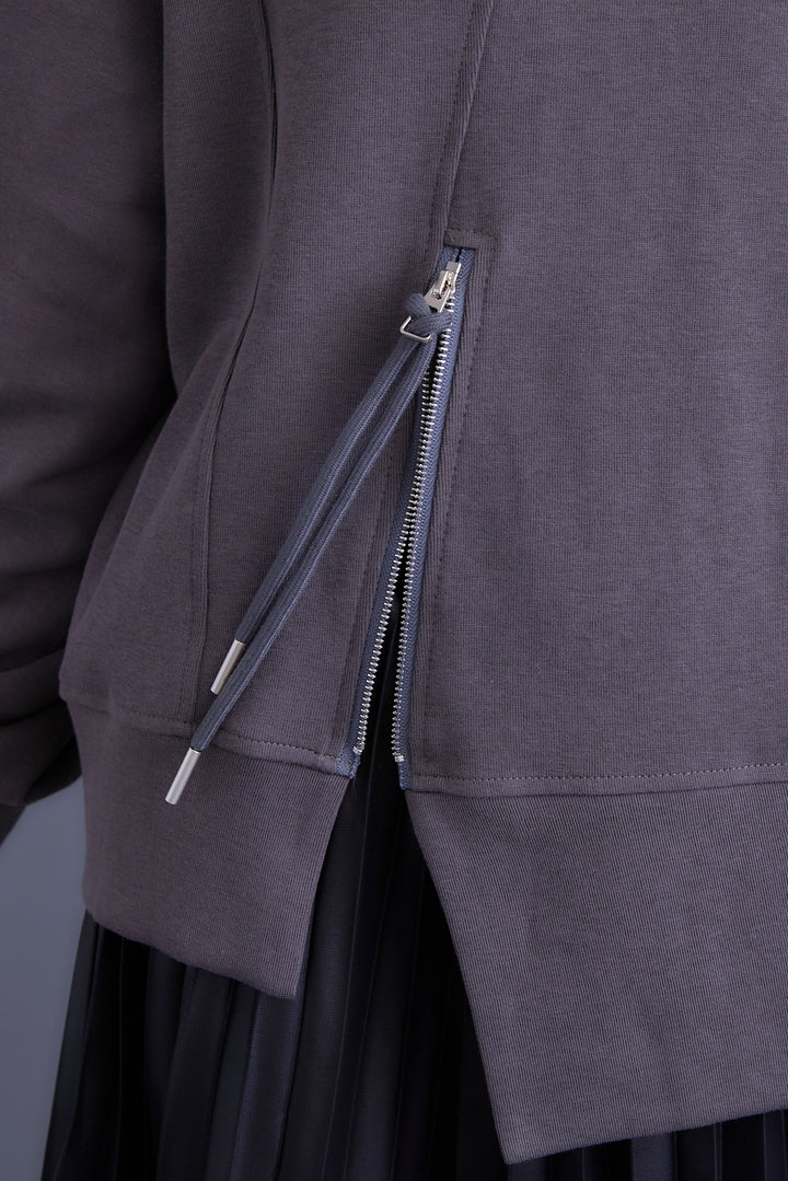 【SET】ZIPデザインアシンメトリープルオーバー+レザーライクプリーツスカート(2set)