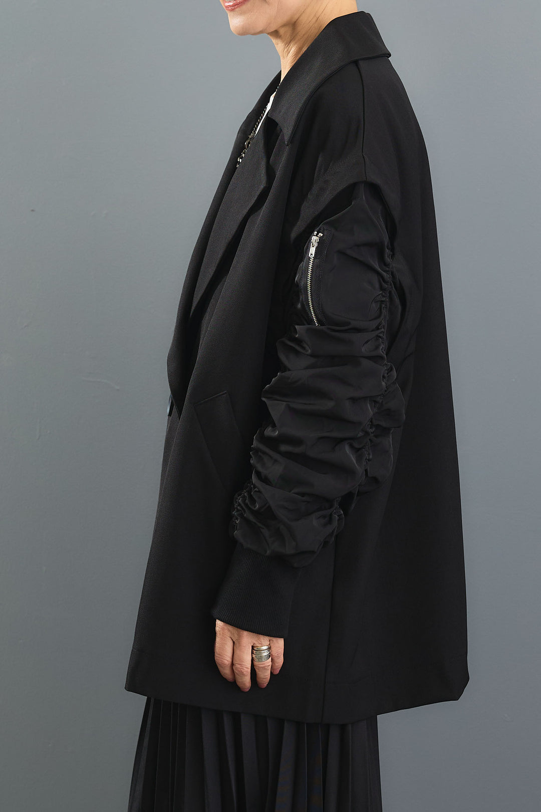 【SET】アシンメトリーロンT+シャーリングMA-1ジャケット【2WAY】+アシンメトリープリーツスカート(3set)