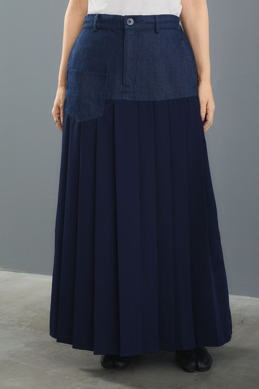 【SET】ヴィンテージアシンメトリーデニムシャツ+テディボアミディコート+デニムドッキングプリーツスカート(3set)