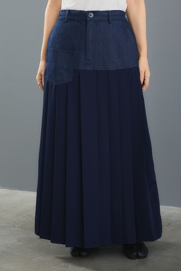 【SET】ヴィンテージアシンメトリーデニムシャツ+テディボアミディコート+デニムドッキングプリーツスカート(3set)