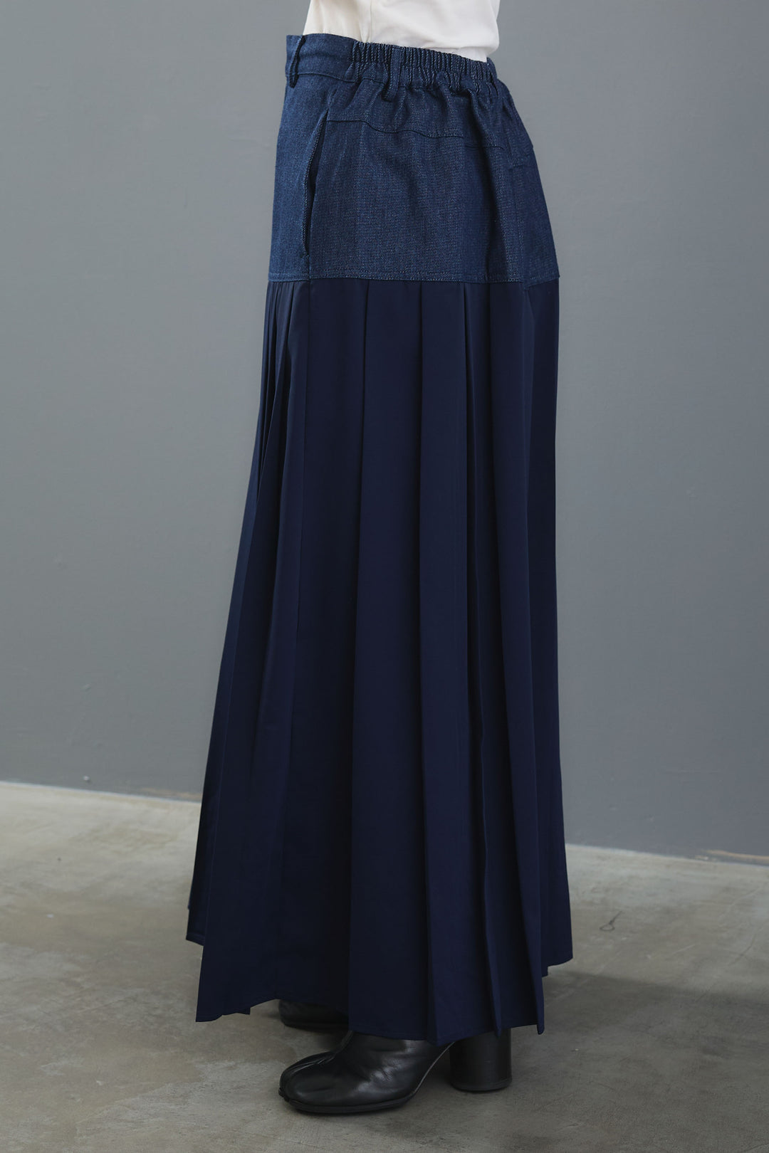 【SET】ヴィンテージアシンメトリーデニムシャツ+テディボアミディコート+デニムドッキングプリーツスカート(3set)