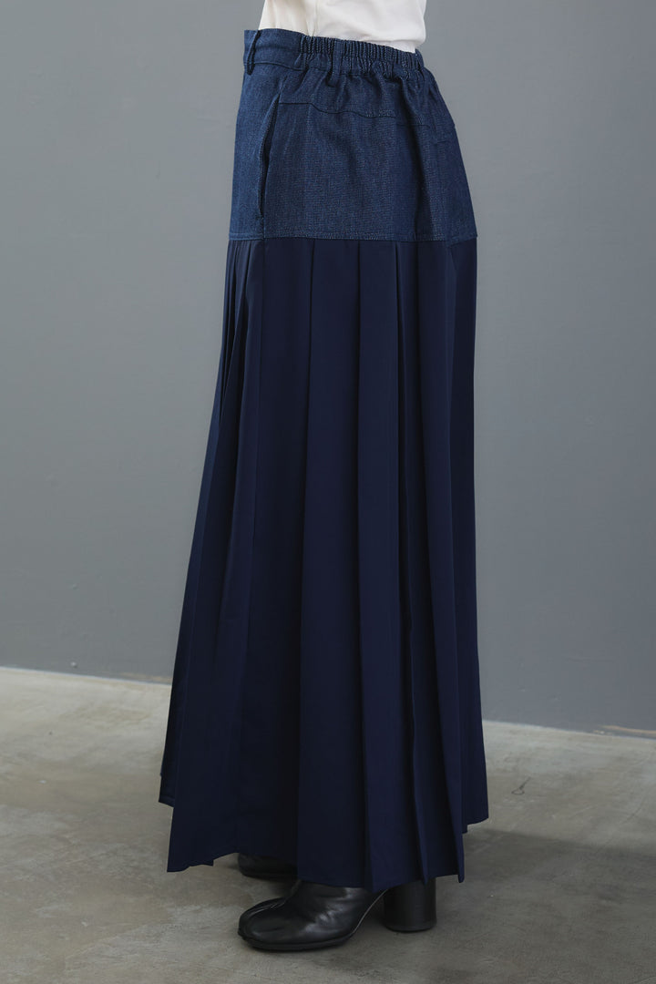 【SET】ヴィンテージアシンメトリーデニムシャツ+テディボアミディコート+デニムドッキングプリーツスカート(3set)