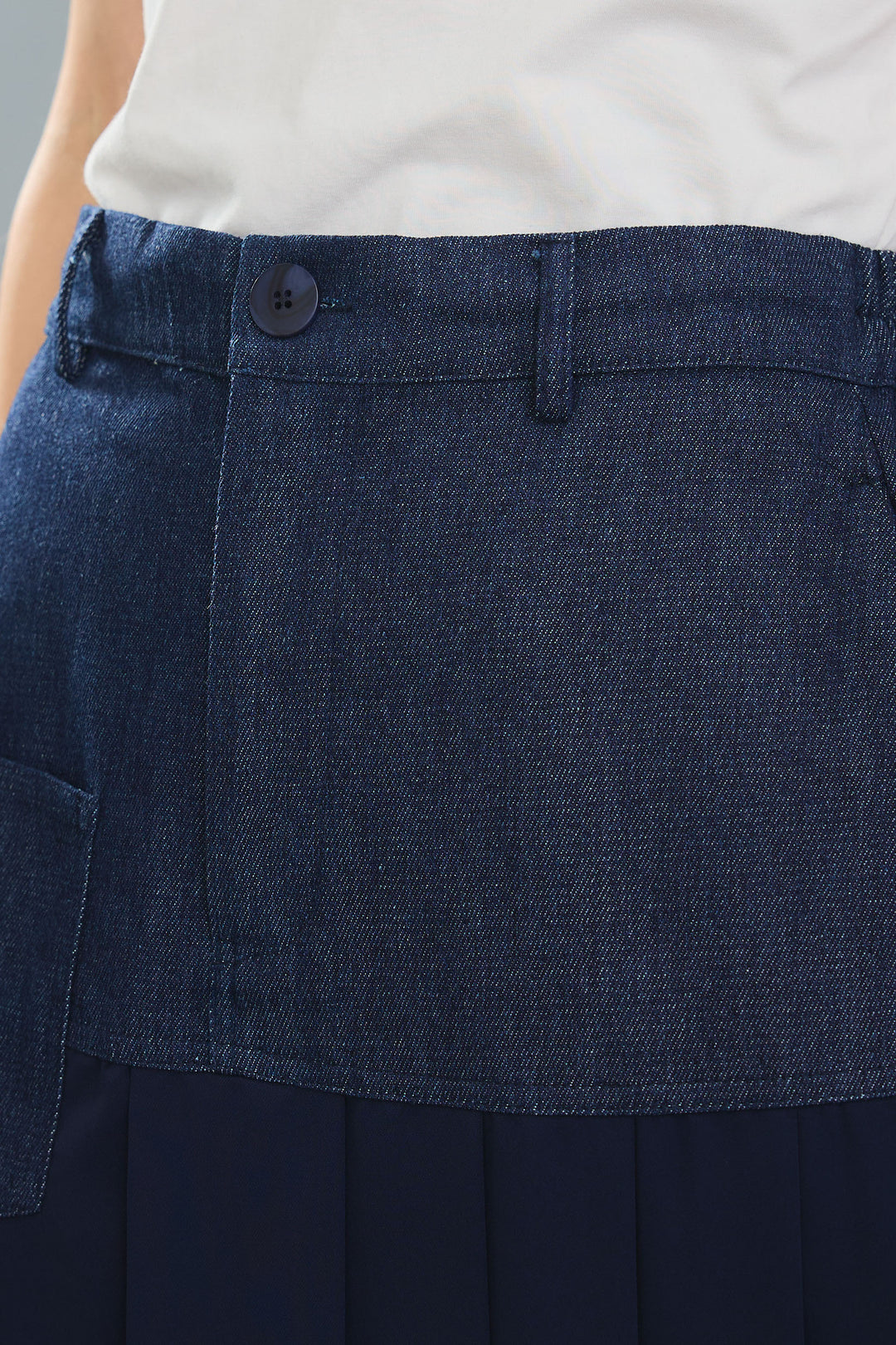 【SET】ヴィンテージアシンメトリーデニムシャツ+テディボアミディコート+デニムドッキングプリーツスカート(3set)