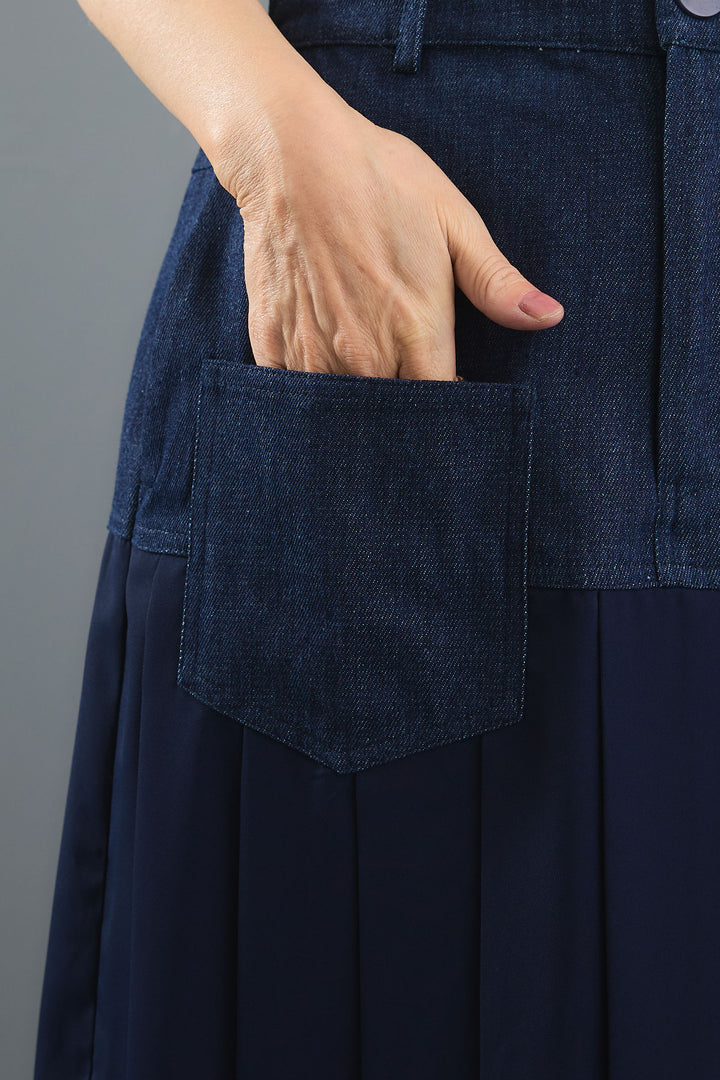 【SET】ヴィンテージアシンメトリーデニムシャツ+テディボアミディコート+デニムドッキングプリーツスカート(3set)