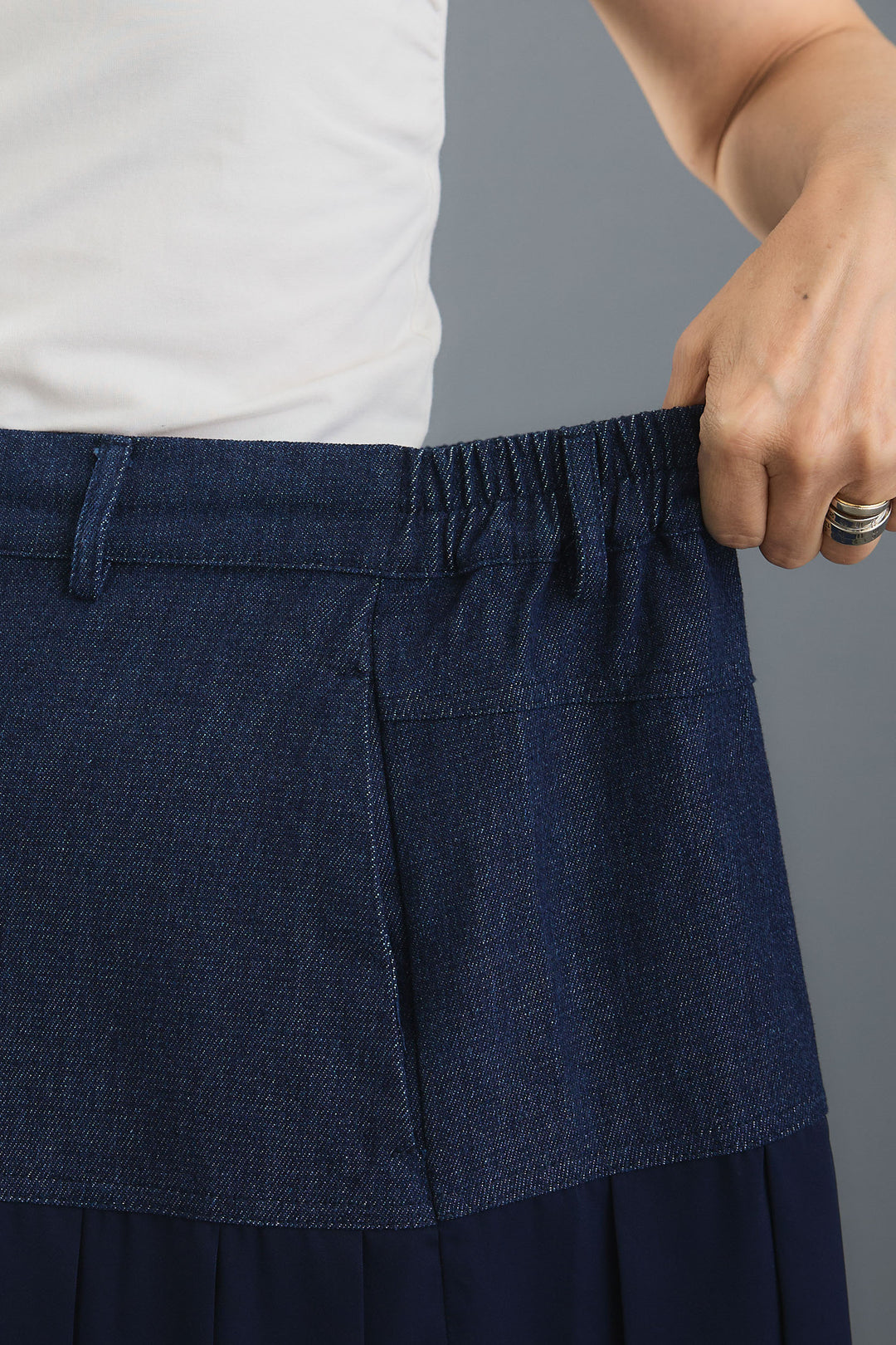 【SET】ヴィンテージアシンメトリーデニムシャツ+テディボアミディコート+デニムドッキングプリーツスカート(3set)