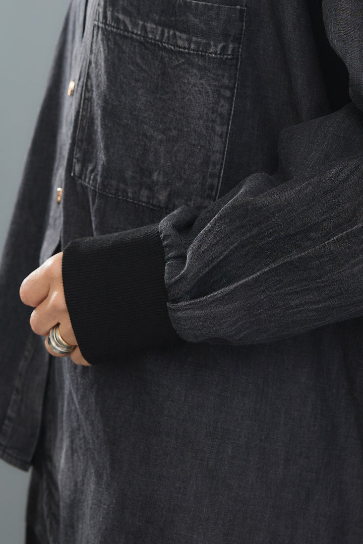 【SET】ヴィンテージアシンメトリーデニムシャツ+テディボアミディコート+デニムドッキングプリーツスカート(3set)