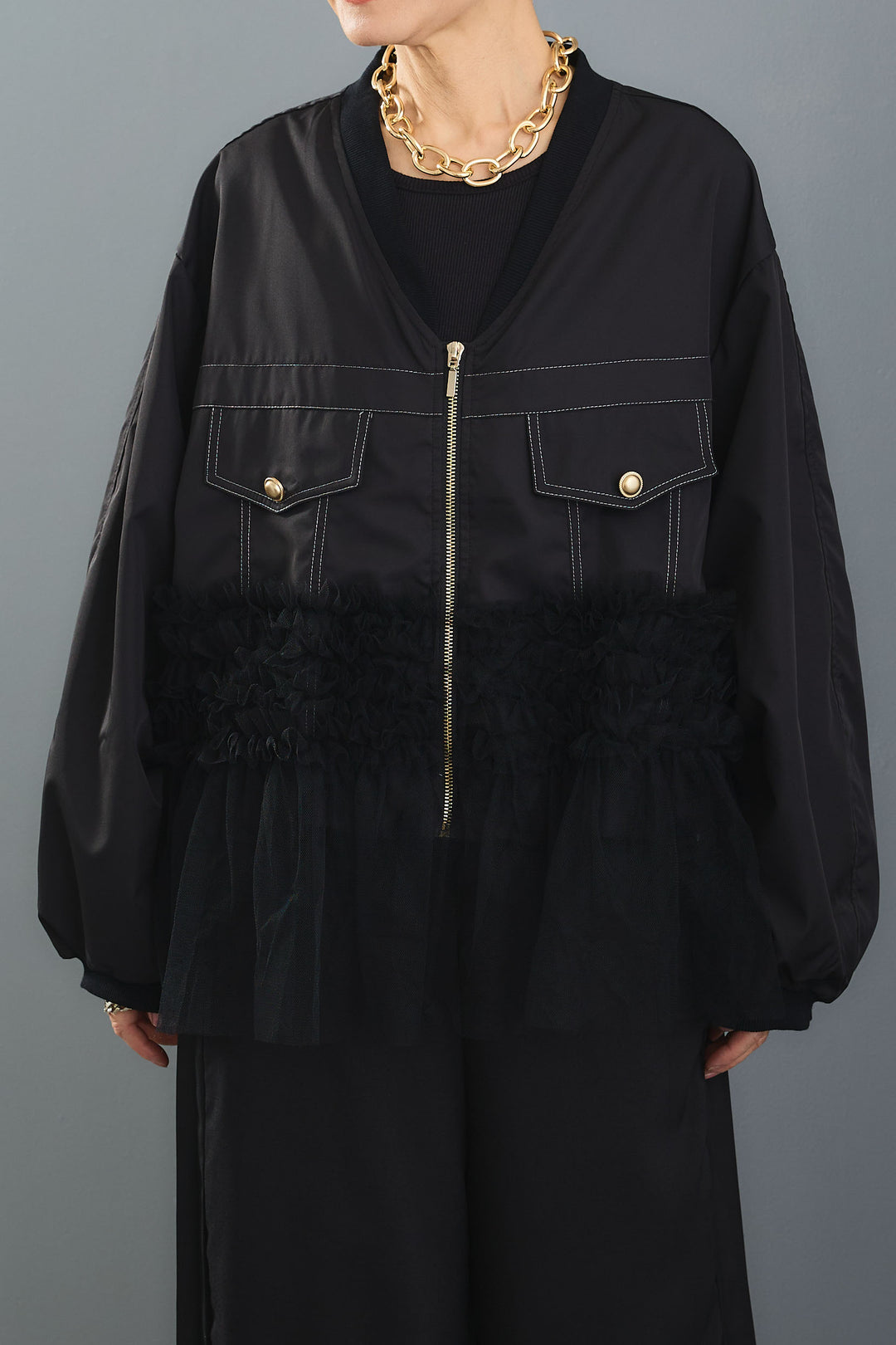 【SET】チュールドッキングブルゾン+サイドプリーツワイドパンツ(2set)