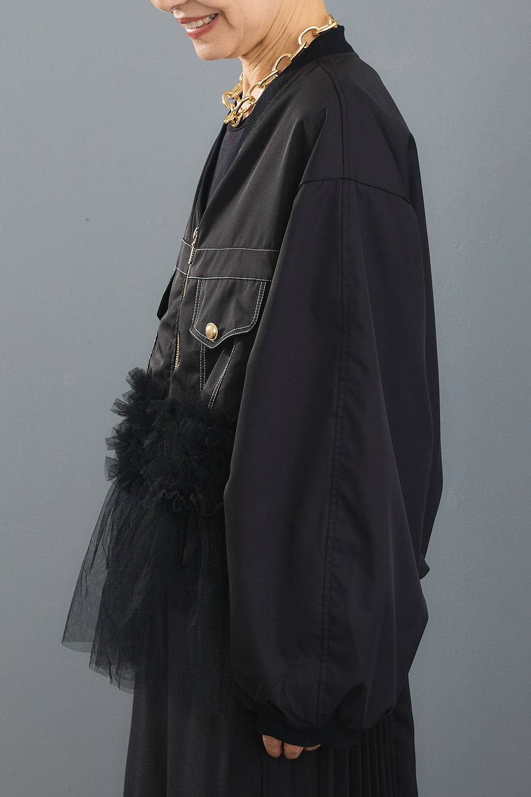 【SET】チュールドッキングブルゾン+サイドプリーツワイドパンツ(2set)