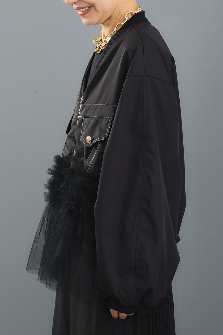 【SET】チュールドッキングブルゾン+サイドプリーツワイドパンツ(2set)