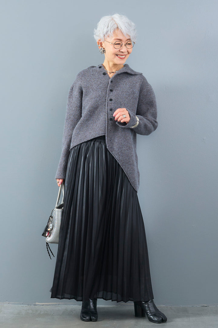 【SET】アシメハイネックボタンニット+レザーライクプリーツスカート(2set)